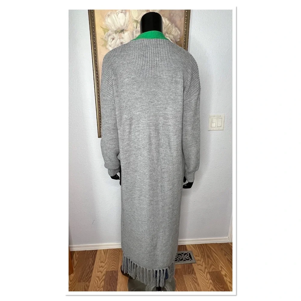 ILLORD Maxi Knit Cardigan w/Fringe Hem One Size 100% Acrylic Gray, Green & Blue